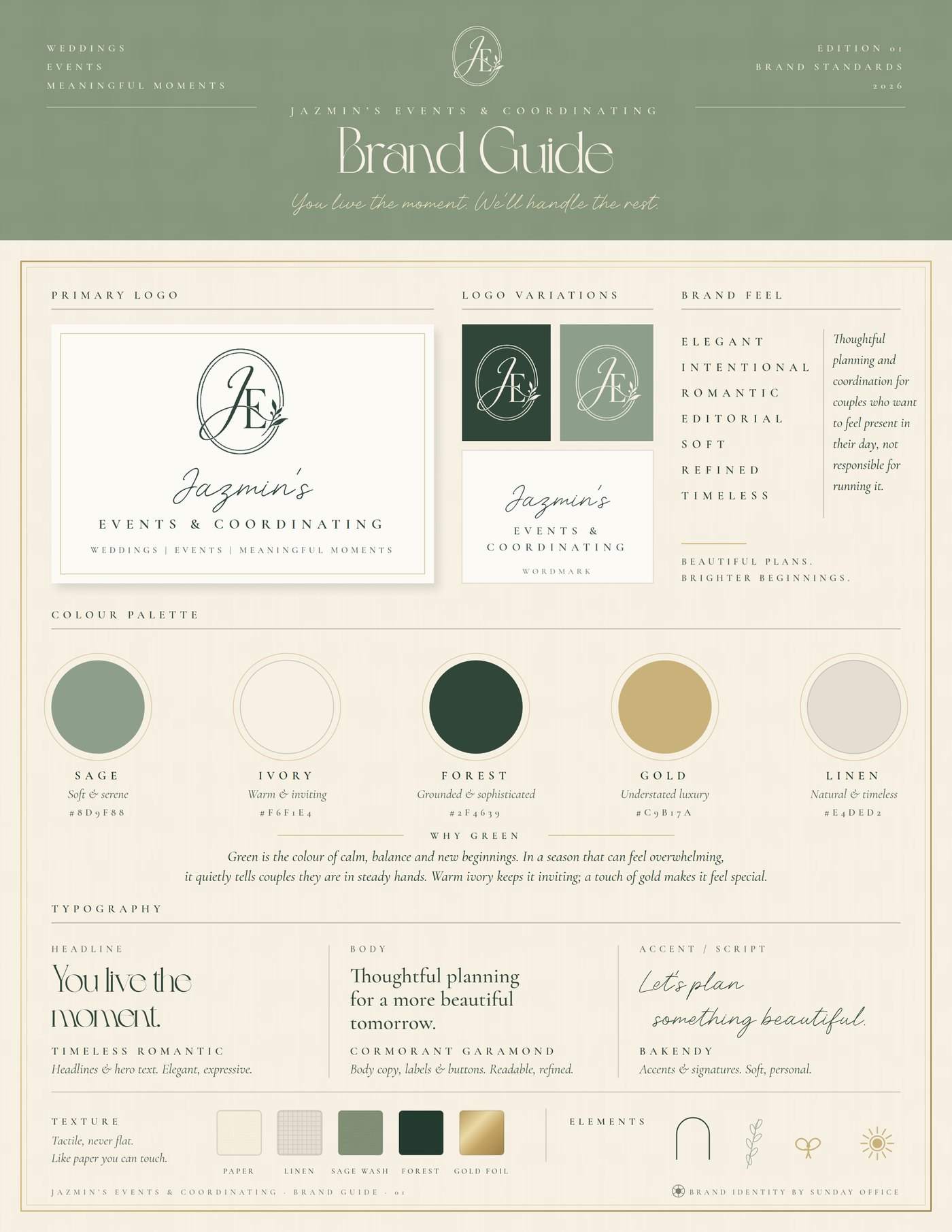 Jazmin's Events brand guide: logos, palette, typography and texture