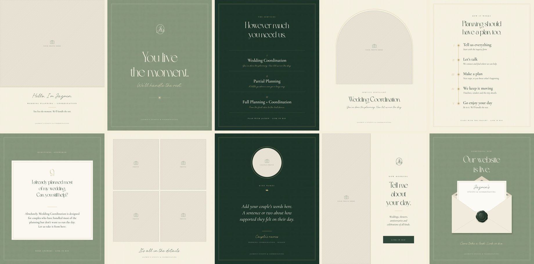 Ten Instagram post templates in sage, ivory and forest